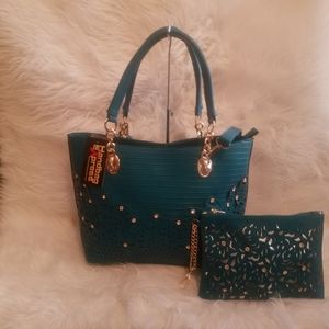 TURQIOSE RHINESTONE ACCESSORIZED HANDBAG SET